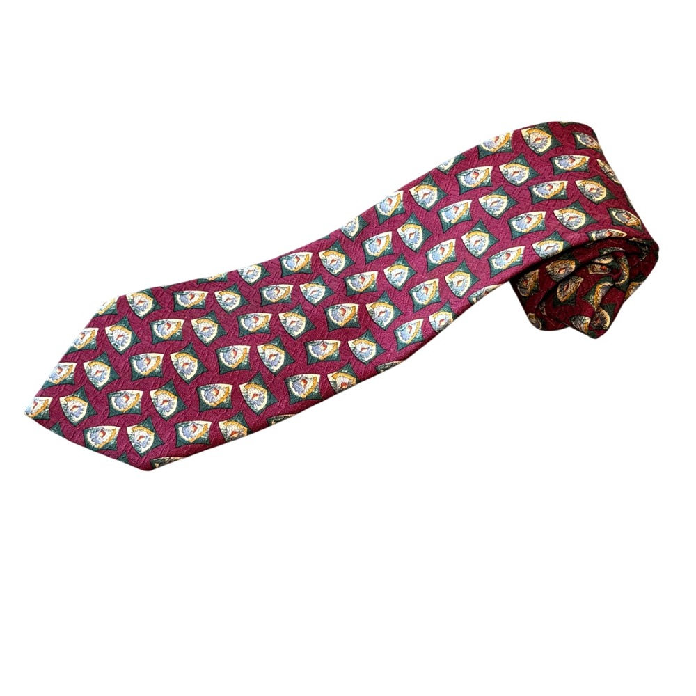 Chaps Ralph Lauren Mens Silk Tie Burgundy Green Geometric‎ Medallion USA Made - Picture 2 of 7